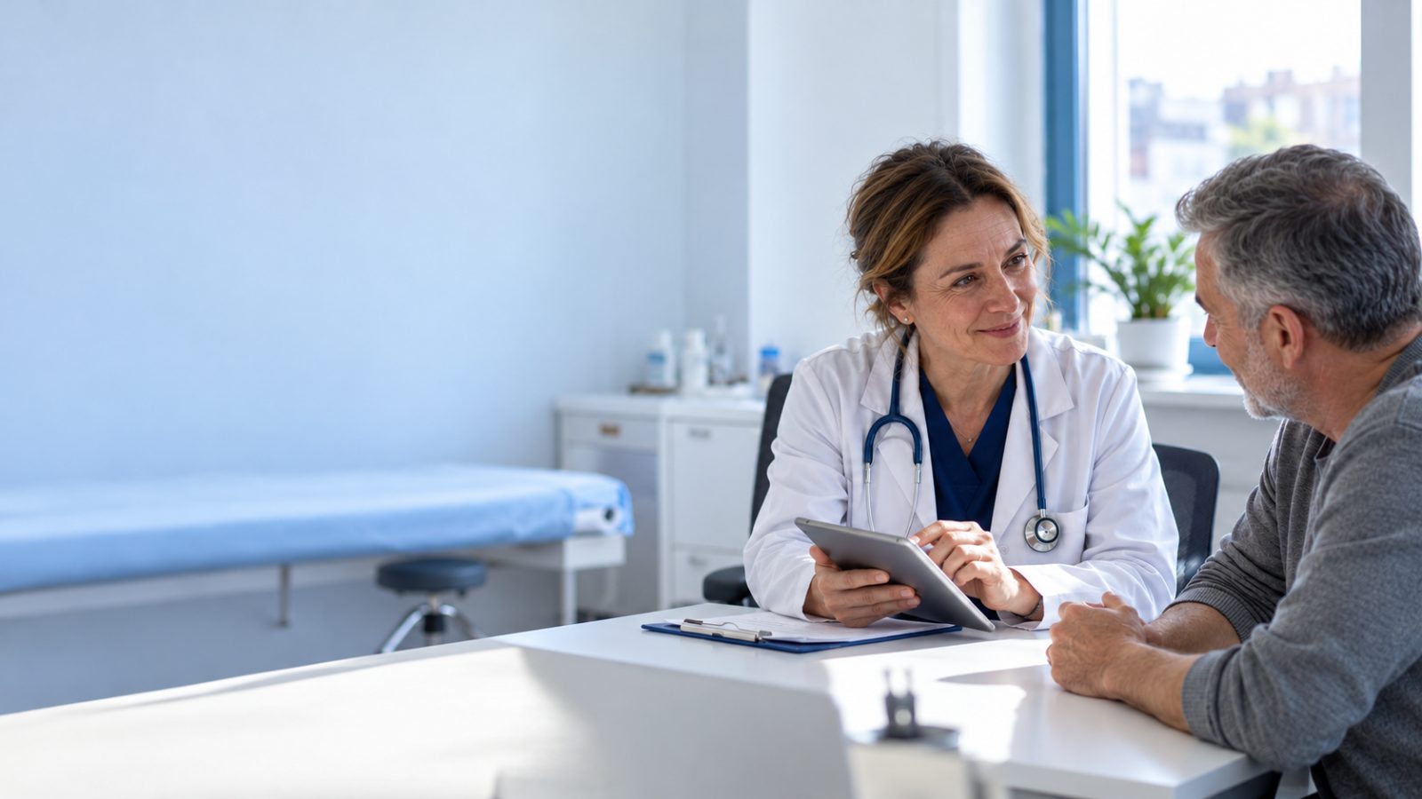 Mjeku duke biseduar me një paciente në klinikë
